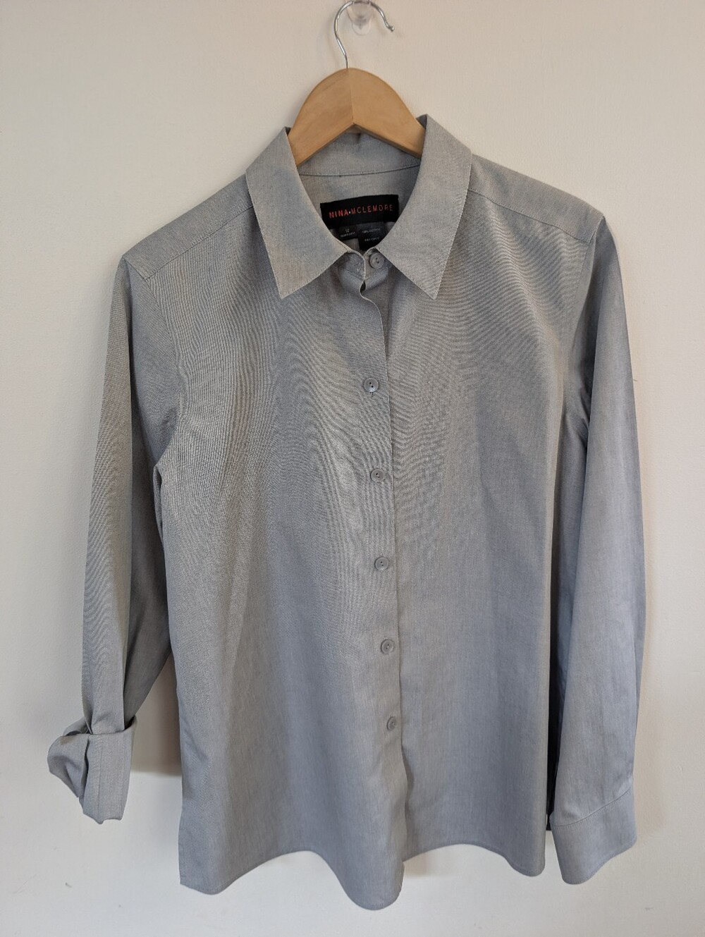 Nina Mclemore 100% Cotton No Iron Button Down Shirt Light Grey Size 12